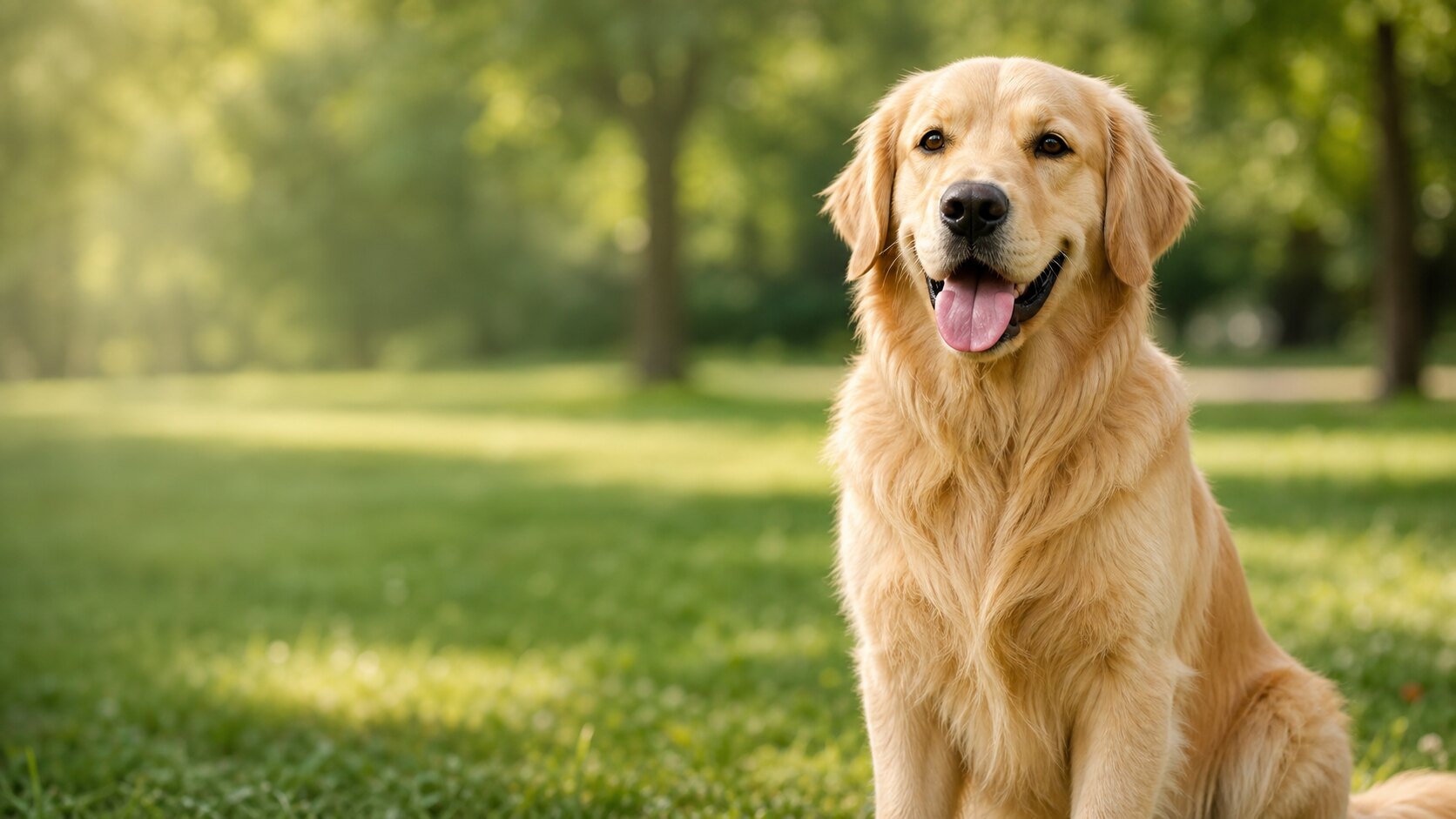 Golden retriever tranquilo en un parque luminoso